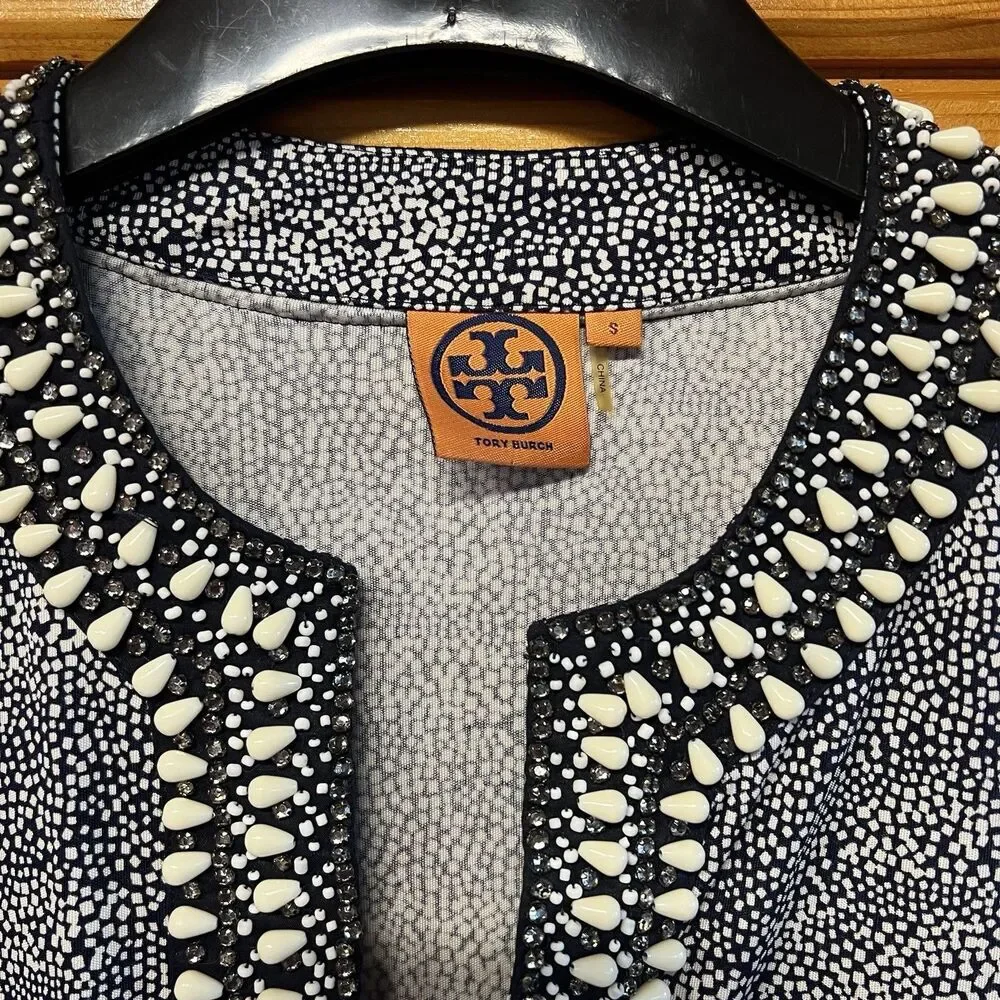 Tory Burch Blue & White Silk Beaded Dot Print  Blouse Tunic Top Size Small
